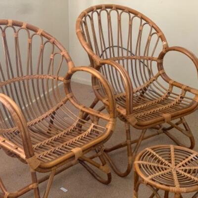 23. Pair of wicker chairs and stool