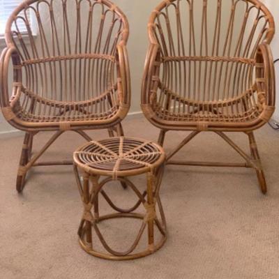 23. Pair of wicker chairs and stool