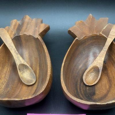 Pair of Wood Pineapple Serving Bowls with Spoons