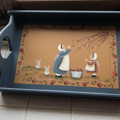 Tole Painted Wood Serving Tray Basket 