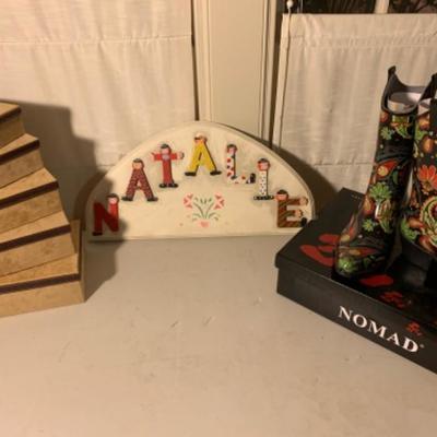 21. Suede Nesting Boxes, Wooden Name Plaque, New Nomad Rain-boots Size 9