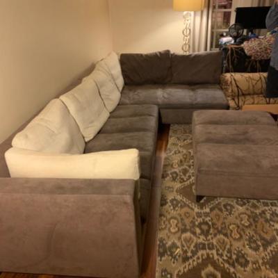 51. Ligne Roset Grey Suede Sectional Sofa ,Ottoman and Down Pillows