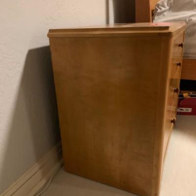 61. Modern Danish Bedroom Suite: Queen Frame and Mattress, 2 Bedside Tables, 1 Chest of Drawers