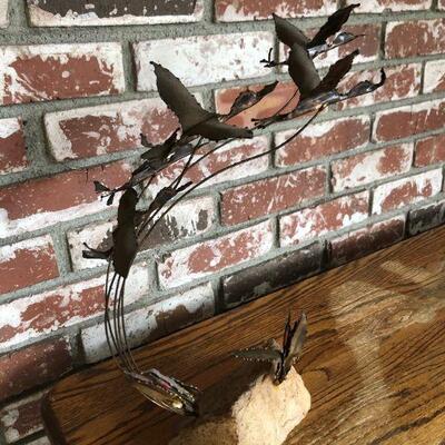 Mid Century Brutalist Brass Metal Flying Ducks Art Sculpture 