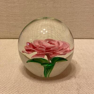 Glass Pink Rose Paper Weight