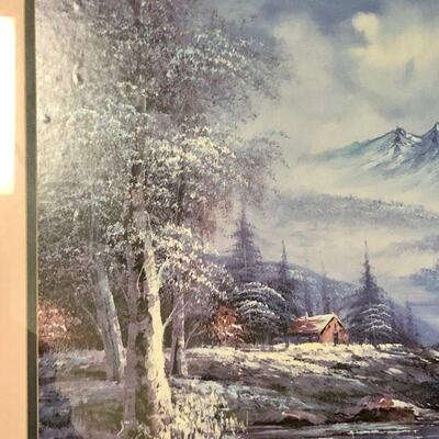 Framed Winter Cabin Scene 