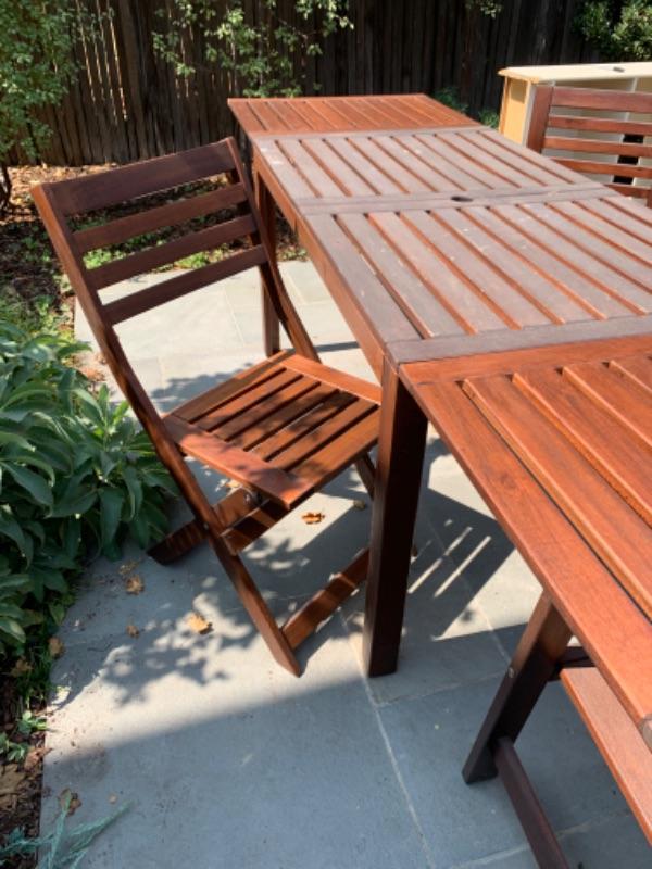62. Teak picnic table with four chairs (folded 55”x30”x28.5; leaves