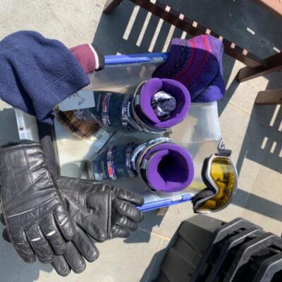 63.  Ski boots (size 11.5), hats, gloves, goggles