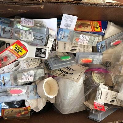 75.  Large collection of fishing gear:  poles, reels, lures, hooks, waders, etc.