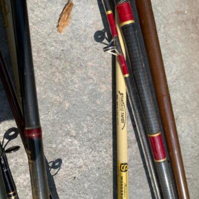 75.  Large collection of fishing gear:  poles, reels, lures, hooks, waders, etc.