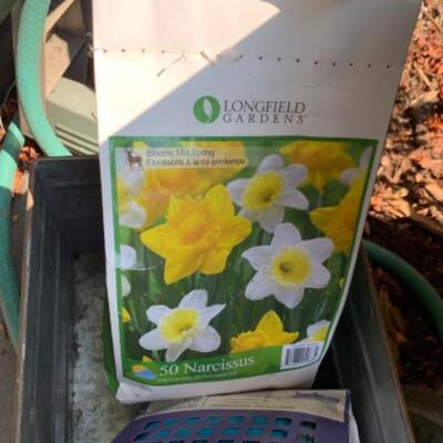 77.  Wheelbarrow, hose, holder, garden drum, bulbs, etc.