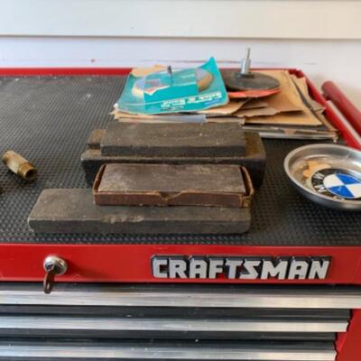 83.  Craftsman tool chest, nozzles, knife sharpener