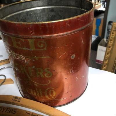 Metal Tin Bucket of Vintage Wood Hangers
