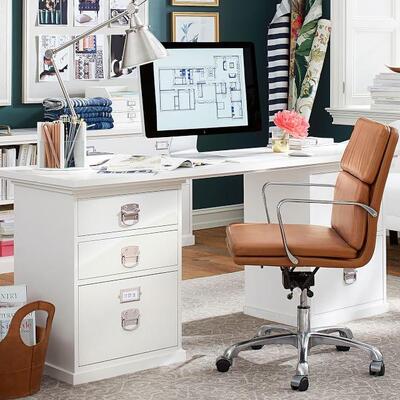 POTTERY BARN 70" BEDFORD DESK WITH FILE CABINETS & 5 DRAWERS WHITE 