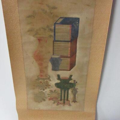 Lot 57 - Vintage Asian Hanging Picture Scroll Snow Branch Flower Calligraphy Weighted