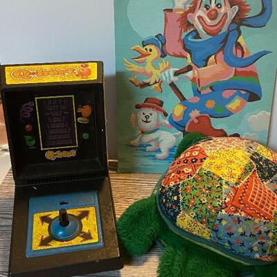 P108: Vintage Turtle Pillow Pet, Q-bert Game and Painting