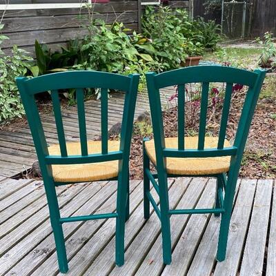 Pair of Hunter Green Wood Chairs with Rush Seats