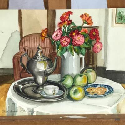 396:   Mildred Ranney Original Watercolor Painting and Silver Plate Tea pot