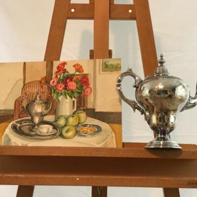 396:   Mildred Ranney Original Watercolor Painting and Silver Plate Tea pot