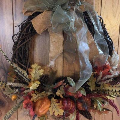 P119:  Pheasant & Pumpkin Fall Wreath Burlap Bow