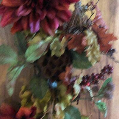 P121: Large Fall Wreath Maroon with Zinnia's and Hydrangea flowers.