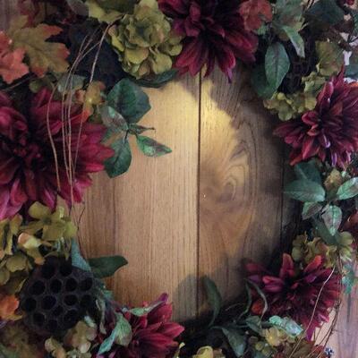 P121: Large Fall Wreath Maroon with Zinnia's and Hydrangea flowers.