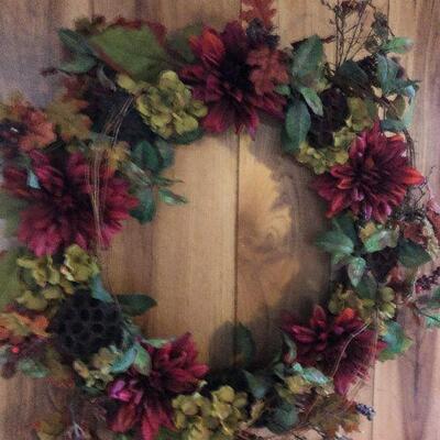 P121: Large Fall Wreath Maroon with Zinnia's and Hydrangea flowers.
