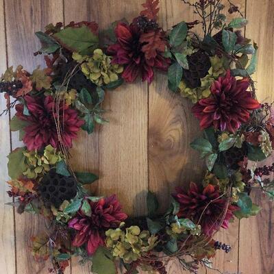P121: Large Fall Wreath Maroon with Zinnia's and Hydrangea flowers.