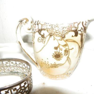 Sterling Silver/glass bottom, 1800's china pitcher, Crystal glass dog.