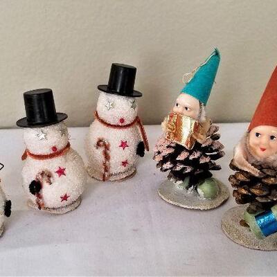 Lot #41  Vintage Christmas - 5 ornaments - 3 Snowmen, 2 Pine Cone Elves
