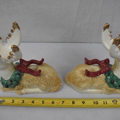 2 pc Reindeer Candle Holder Figurines, Ceramic