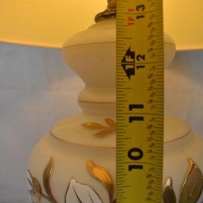 Table Lamp, White glass with Gold/Brass Accents. Large Shade. Works. Vintage