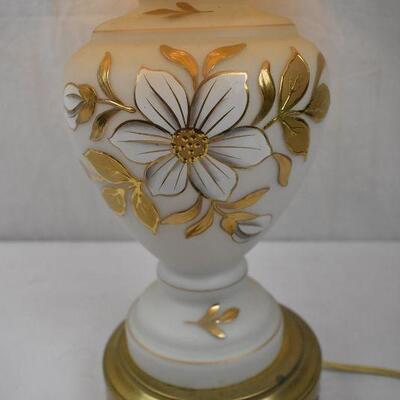 Table Lamp, White glass with Gold/Brass Accents. Large Shade. Works. Vintage