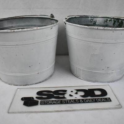 2 Rustic White Metal Buckets with Handles