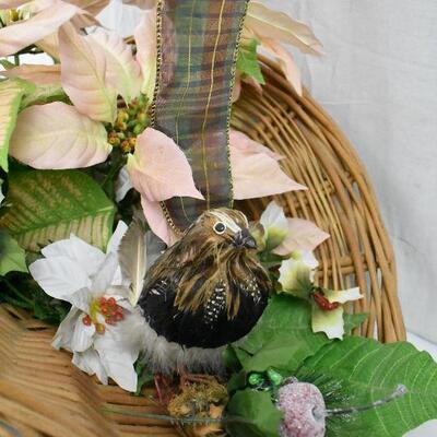 Basket Decor with Faux Flowers & 2 Birds