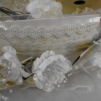 White Ribbon & Faux Flowers for Corsages & Boutonnieres, in clear/blue bin