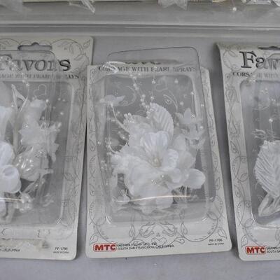 White Ribbon & Faux Flowers for Corsages & Boutonnieres, in clear/blue bin