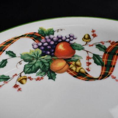 3 Stoneware Plates, William James Christmas Tartan Plaid Ribbon & Fruit
