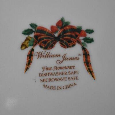 3 Stoneware Plates, William James Christmas Tartan Plaid Ribbon & Fruit