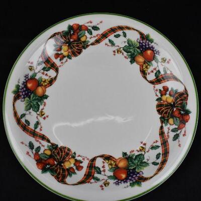 3 Stoneware Plates, William James Christmas Tartan Plaid Ribbon & Fruit