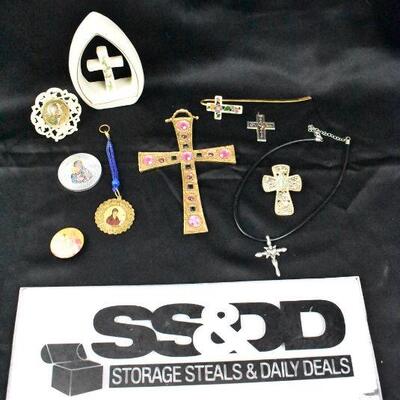 10 pc Crosses/Religious Items: Necklace, Pins, Decor, etc