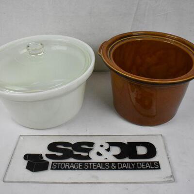 3 pc Kitchen: White Glass Baker with Clear Lid. Brown Slow Cooker Crock