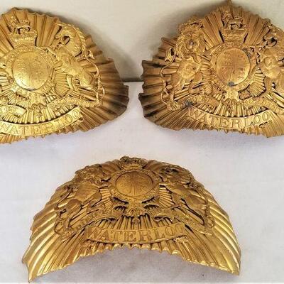 Lot #67  Lot of three British Army/Cavalry brass Hat Decorations - WATERLOO