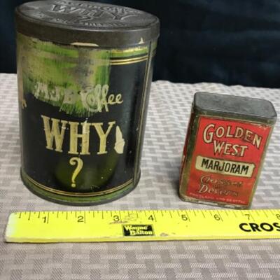 Two Vintage Tin Foodstuffs Containers: MJB Coffee & Golden West Majoram Spice
