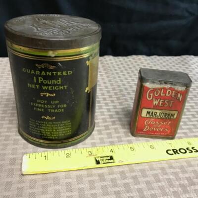 Two Vintage Tin Foodstuffs Containers: MJB Coffee & Golden West Majoram Spice
