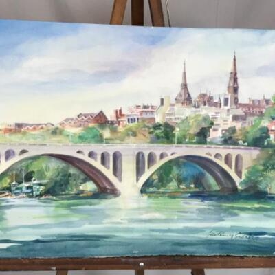 E - 103  Signed Original  Watercolor  by Jean Ranney Smith  “ Daytime Bridge Scene “