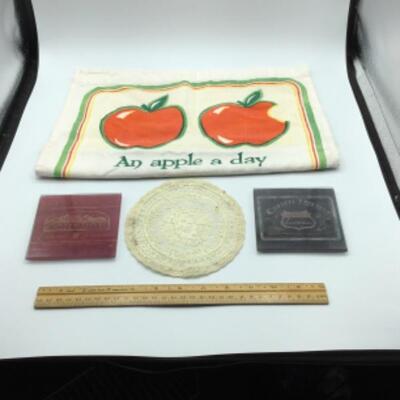 Vintage Apple Dish Towel, Doily & 2 Wine Coasters Lot
