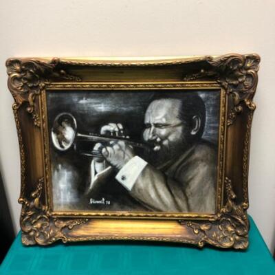 Vintage Painting Man Playing Trumpet Artist Signed