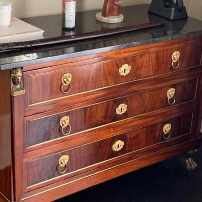 Antique DRESSER CHEST of DRAWERS LION FOOT BRASS, STONE TOP 51” x 21” x 34”