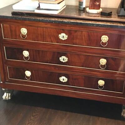 Antique DRESSER CHEST of DRAWERS LION FOOT BRASS, STONE TOP 51” x 21” x 34”